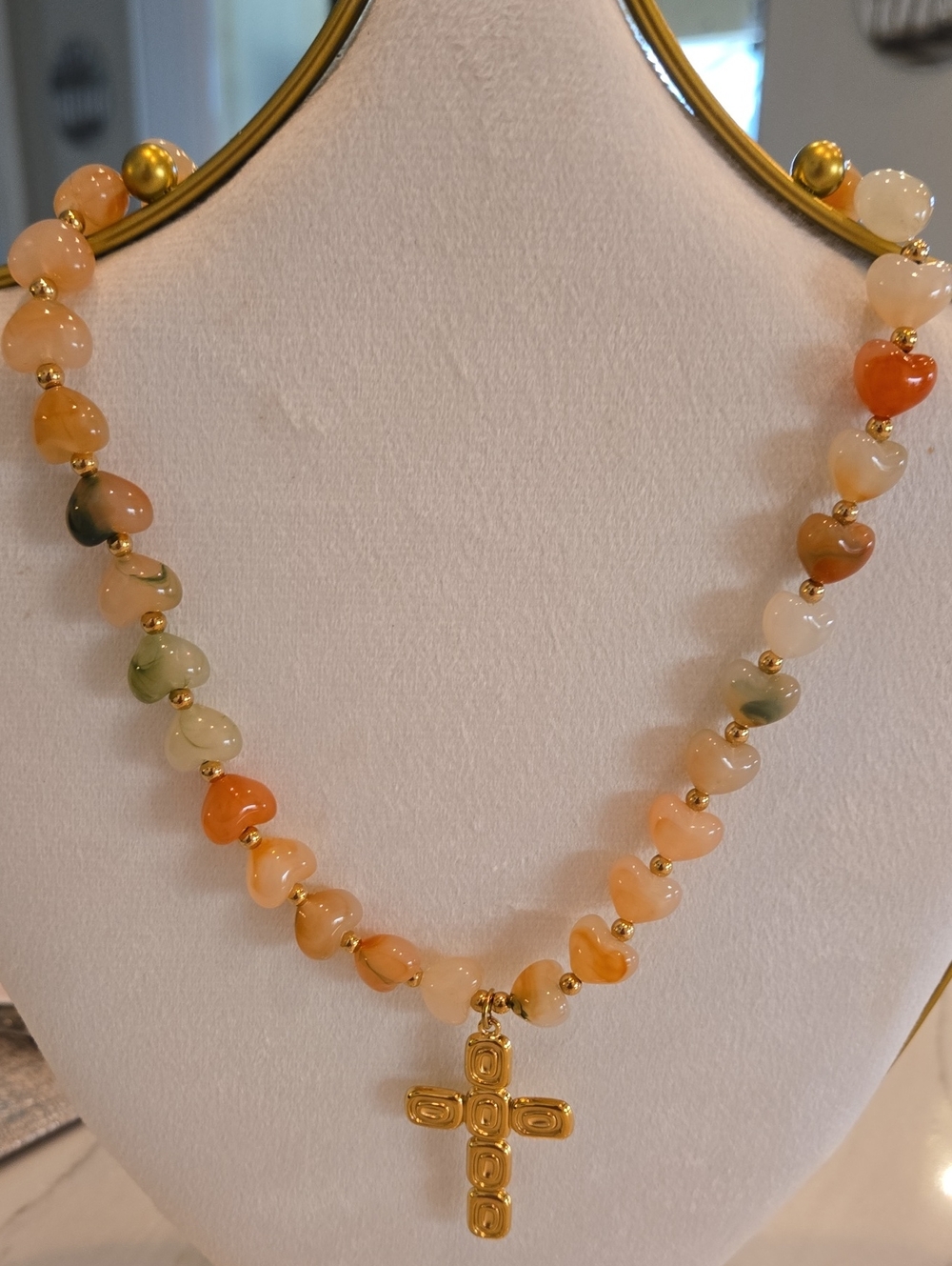 Gold Cross Pendant Necklace with Heart Shaped Pastel Agate Beads